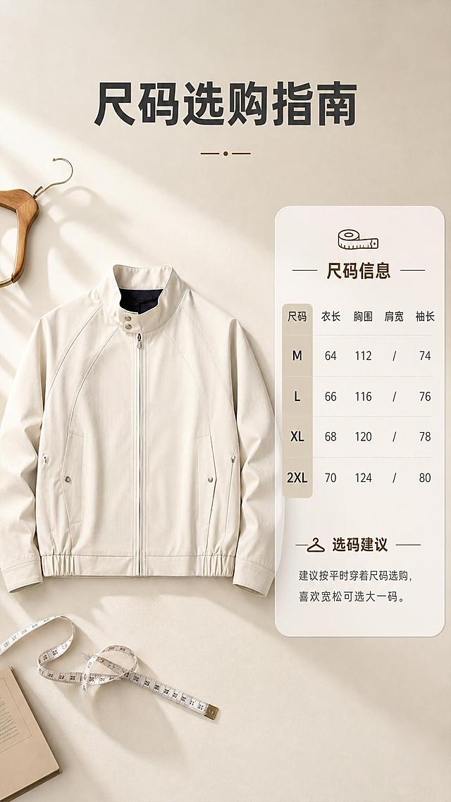 [商品] 使用【图1】米白色立领休闲夹克；商品处理：保留立领、拉链、按扣、插肩袖、口袋、松紧下摆、颜色和版型；自然去皱，增强面料质感，不改变结构。
[画面] 页面目标为尺码与选购信息；左侧展示夹克正面平铺全貌，占画面约45%，右侧为尺码信息卡；背景为浅米色台面+柔和光影，整体干净清晰，方便手机端阅读；可加入软尺、衣架等轻道具增加选购氛围。
[视觉] 套系策略：风格=高级通勤商业摄影风；标题字=现代无衬线粗体；正文字=简洁无衬线体；主色=米杏白；背景延展=基于米杏白做深浅层级、同色渐变和细腻纸张/织物质感；强调色=深棕咖，仅用于小面积图标、引线和标签；标题色=深炭灰；正文色=中暖灰；组件=圆角浅底信息卡、细线引线；光影=左前侧暖柔光，柔和自然阴影。
[文字] 顶部主标题「尺码选购指南」，信息卡内包含：尺码（M/L/XL/2XL）、衣长、胸围、肩宽、袖长字段；下方加选码建议：建议按平时穿着尺码选购，喜欢宽松可选大一码；文字横排，字号清晰，手机端可读。
[规格] 单屏比例9:16竖版，分辨率2K，避免变形、错字、文字过小、冷蓝/蓝灰背景、衣服颜色改变、版型失真、绝对化用语、虚构精确参数。