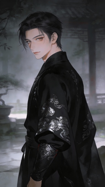 生成一张同款画风的图片，要求男性，面容较为英俊，咪咪眼，气质神秘，身穿黑色袖袍预览效果