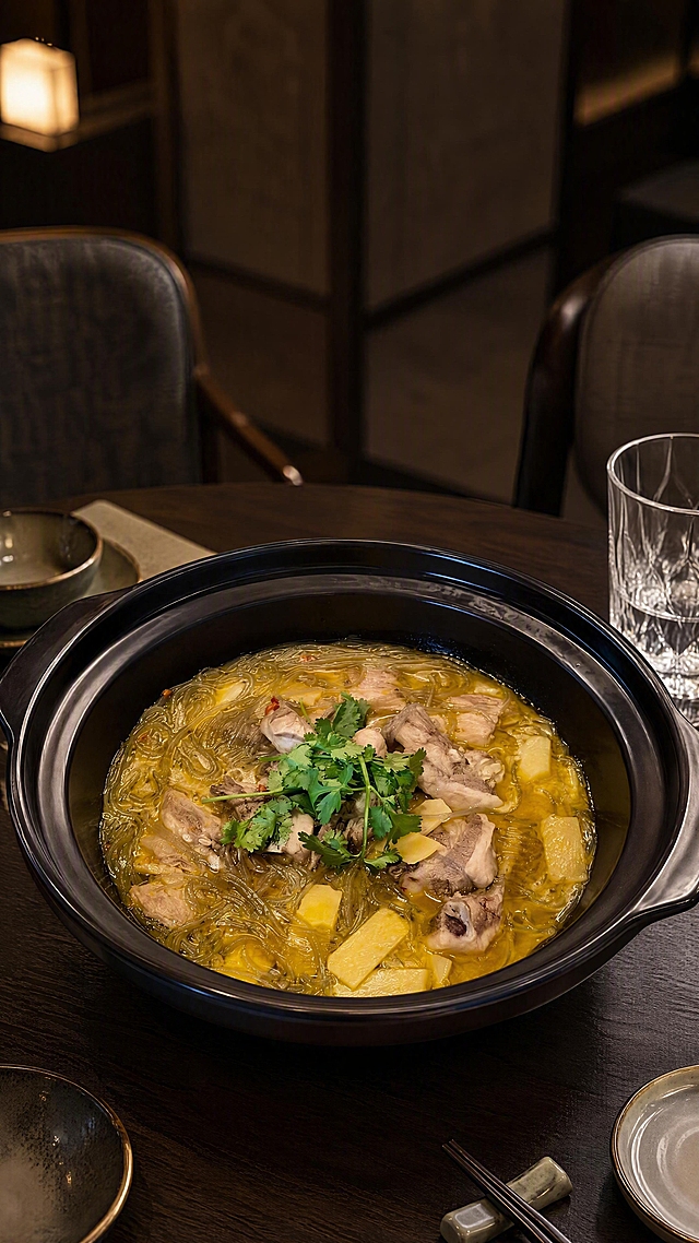 砂锅炖菜（排骨粉丝土豆煲）严格参照上传产品图，完整保留所有可见组件、部件、轮廓形状、结构、比例、材质质感、颜色与上传图完全一致，黑色砂锅、金黄汤汁、排骨、粉丝、土豆块、顶部香菜全部保留不变，食物本身完全不变，仅修改背景。
低调高端商务宴请室内场景，沉稳雅致风格，深灰木色低饱和色调，克制内敛的高级感，避免金碧辉煌。
砂锅放置在深色实木餐桌上，为画面第一视觉焦点，中景构图，产品完整不裁切。
柔和漫射暖光，产品受光面泛起暖木色环境光、暗部映射深灰阴影光晕，与环境物理融合，无硬边剪切感。
微侧25°俯视视角。
全量换款清单（低调商务风，相似度约50%）：①承载面：参考图深色石板+木托 → 生成图深色胡桃木实木餐桌，哑光质感；②背景：参考图竹林绿植 → 生成图商务宴请包间背景，隐约可见深色木质墙板与简约布艺餐椅，背景虚化；③桌面装饰：参考图枯木竹叶 → 生成图简约陶瓷餐具与一只透明玻璃杯，克制点缀；④氛围：参考图自然野趣 → 生成图沉稳商务氛围，暖光台灯局部照明，整体低明度高质感。
消除所有品牌文字、水印与装饰性文字。4K超写实美食摄影，严格锁定宽高比为9:16。