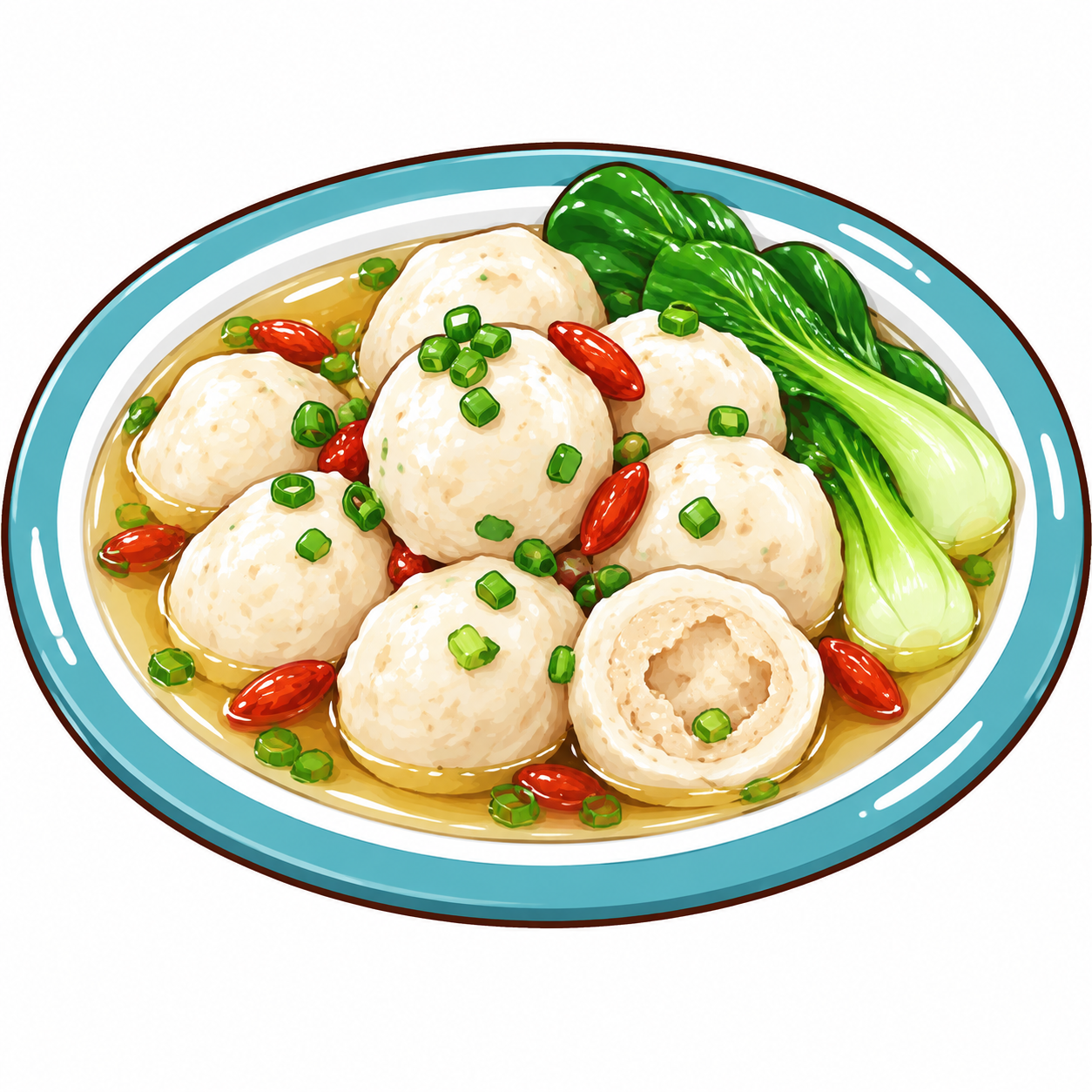 手打鱼丸美食插画，Q版卡通手绘风格，粗黑描边，鲜艳饱满的色彩，… - 图片创意预览