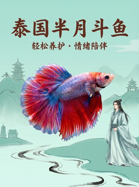 保留原有的所有文字内容和斗鱼，将背景颜色修改为浅松石绿，把右下角的古风女子换成中国古风帅哥，保持整体国风水墨风格不变预览效果