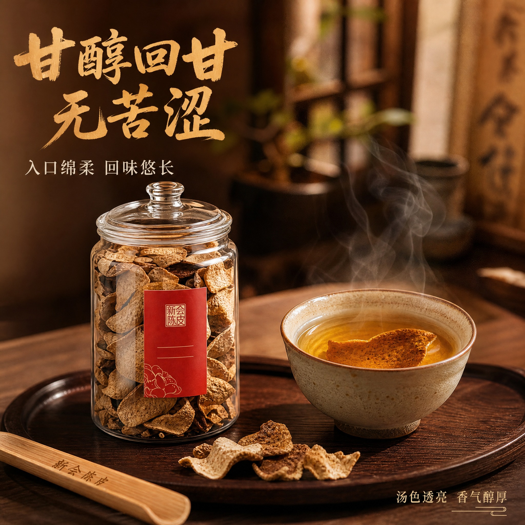 [主图-4] 新会陈皮冲泡品饮场景图，核心任务是展示泡水甘醇回… - 图片创意预览