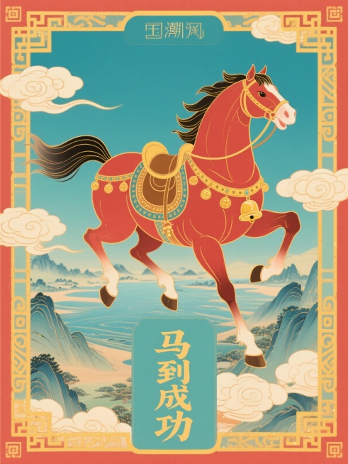 中国传统木版年画风格，拟人化马披鞍配铃铛，背景万里河山，四角祥云奔马纹，底部竖排“马到成功”，工笔重彩，枣红配明黄，金粉勾边，奔腾气势预览效果
