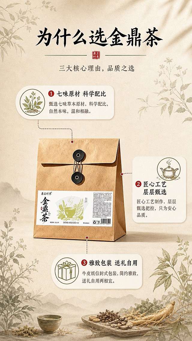 [商品] 使用【图1】康正时养金鼎茶牛皮纸信封式外袋包装；保留包装结构、颜色、材质和标签全部文字内容；产品居中摆放，占画面约40%。
[画面] 目标：三大核心理由卖点拆解，系统呈现产品优势。构图：中心引线型，产品外袋位于画面中央，从产品向四周引出三条线分别对应三个卖点；每个卖点配小图标和简短说明；背景为浅米色宣纸质感，四周有淡墨草本装饰元素；整体≥3层视觉层次。
[视觉] 套系策略：风格=东方草本新中式商业摄影；标题字=书法宋体/国风手写体；正文字=现代简洁宋体；主色=牛皮纸暖棕+草木橄榄绿；背景延展=基于浅米杏色做宣纸纹理、同色渐变和温润光影层次；强调色=朱砂红，仅用于小面积印章、图标和引线；标题色=深墨黑；正文色=暖棕灰；组件=细线引线、圆角米白信息卡、印章式标签；光影=正面暖柔光，产品清晰突出。
[文字] 顶部主标题「为什么选金鼎茶」，三个卖点分别为：①「七味原材 科学配比」配草本图标，②「匠心工艺 层层甄选」配工艺图标，③「雅致包装 送礼自用」配包装图标；文字全部横排，层级分明。
[规格] 图片比例9:16竖版，4K分辨率，负向提示：避免功效词、医疗承诺、内袋、文字竖排、错字、文字过小、冷蓝背景、包装变形、绝对化用语、第一/最好等极限词。