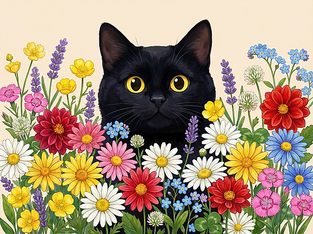 画面中间是一只大的卡通黑色的猫，眼睛是明亮的黄色，猫咪在花丛中探出头，身体下半部分被花朵遮挡。猫咪被一片野花花海环绕，包含多种色彩鲜艳的花卉：各色雏菊（白、黄、粉、红、蓝）、红色大丽花、黄色毛茛、紫色薰衣草、蓝色勿忘我、白色三叶草、粉色石竹等。花卉高低错落，层次丰富，叶片与茎干细节清晰，营造出自然野趣的花园氛围。背景是柔和的浅米色。风格为水彩/油画质感，融合现代数字绘画技术的艺术插画，光泽细腻呈现，整体画面层次丰富，高清晰度，高清画质，高分辨率，高度详细，细节丰富、色彩鲜艳，整体色彩饱和度高