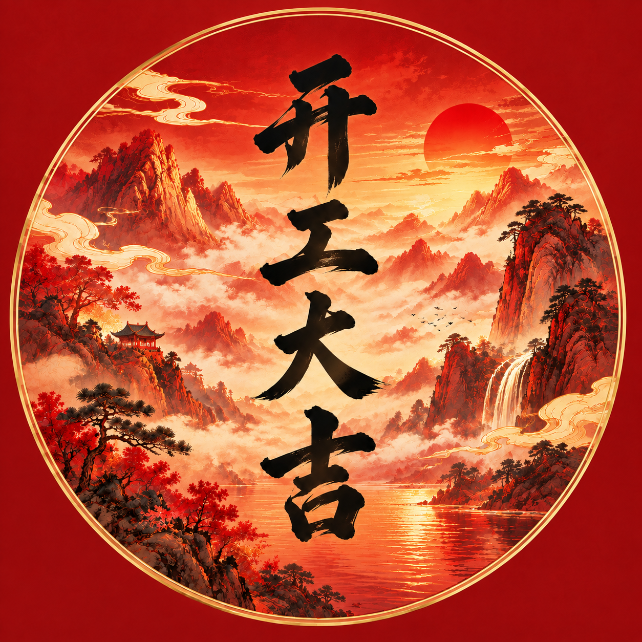 保持原图的圆形构图、山水元素布局、"开工大吉"四个黑色毛笔书法… - 图片创意预览