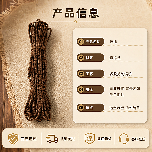 [商品] 使用【图5】【图1】的棕色真棕丝棕绳；保留单束平铺形态、整束盘绕形态、深棕褐颜色、粗编织捻纹与扎口结构；仅做商业精修：理顺纤维毛边、增强编织质感，不改变绳径与颜色。
[画面] 目标为规格参数与保障页；左侧为单束棕绳竖向平铺标准照，右侧为圆角米色参数信息卡列表，画面底部为一条横向服务图标条；产品占画面约45%，俯拍平视，桌面为暖砂色配麻布衬底，背景简洁无多余道具，形成产品、文字卡、图标条三层信息层级。
[视觉] 套系策略：风格=暖棕大地色系商业静物摄影+节庆复古氛围；标题字=清晰无衬线黑体（阿里巴巴普惠体风格）；正文字=同款无衬线常规体；主色=深棕褐 #6B4A2F；背景延展=基于主色做燕麦米、浅驼、暖砂的深浅层级与同色渐变，叠加麻布与木纹质感；强调色=哑光金 #C8A063，仅用于小面积图标、引线、标签；标题色=深棕 #3E2A18；正文色=暖灰棕 #7A6A5A；组件=圆角米色信息卡、细线引线、编号胶囊；光影=左前侧暖柔光+柔和接触阴影。
[文字] 顶部主标题“产品信息”；参数卡列“产品名称 棕绳”“材质 真棕丝”“工艺 多股捻制编织”“用途 喜庆布置 造景装饰 手工捆扎”“特点 造型可塑 操作简单”；底部图标条四项“品质把控”“快速发货”“售后无忧”“客服在线”；文字横向排版，卡片不遮挡产品。
[规格] 图片比例1:1方版，4K；避免变形、错字、文字过小、竖排或旋转文字、平台Logo与水印角标、二维码、极限化用语、竖排文字、冷蓝色调。