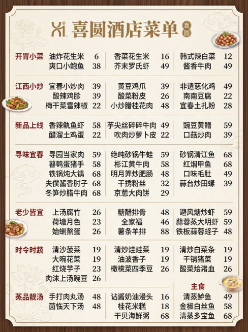 将这张喜圆酒店菜单表格图片，重新设计成美观清晰的餐饮菜单，排版整齐，保留所有菜品分类、菜品名称和对应价格，字体清晰易读，整体风格大气温馨适合酒店使用，所有文案信息完整呈现预览效果