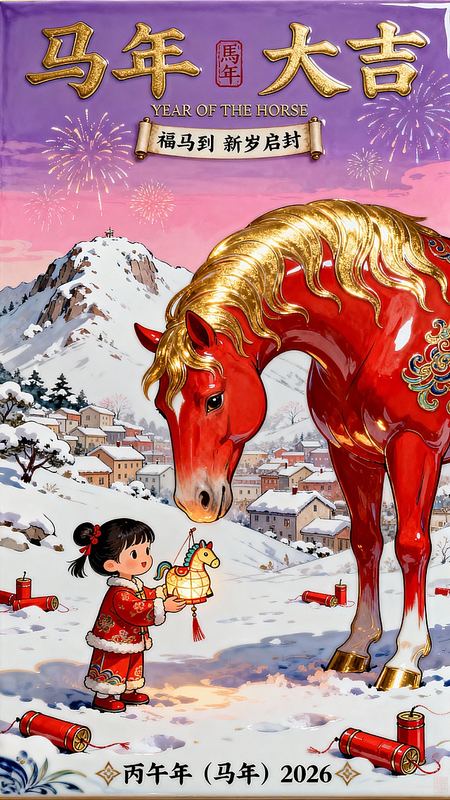 国潮风插画，融合卡通感与重拟物风格，鎏金马身闪耀喜庆光芒，油画质感背景衬托雪景村落，童趣小女孩手提马形灯笼，寓意马年大吉，春节氛围浓厚。
