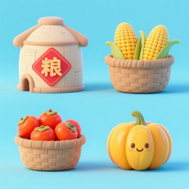 4个中秋素材组合，可爱电商促销感。素材包括：第一个粮仓（贴着带有 “粮” 字的红色菱形福字）；第二个一筐玉米；第三个一筐柿子；第四个南瓜。画面整体呈现鲜艳效果，淡蓝色背景。上下两行，排列整齐预览效果