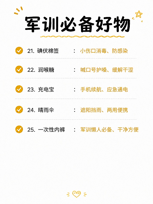 保持参考图完全一致的备忘录清单风格、白底背景、黑色物品名称+金色功效说明的配色、虚线分隔线、左右排版布局、字体样式，仅将文字内容替换为以下5项新文案，序号顺延，文案不够时底部适当留白，无需铺满整张图，其他一切不变。

新文案内容：
碘伏棉签：小伤口消毒、防感染
润喉糖：喊口号护嗓、缓解干涩
充电宝：手机续航、应急通电
晴雨伞：遮阳挡雨、两用便携
一次性内裤：军训懒人必备、干净方便