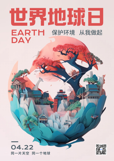 绿粉色剪纸风世界地球日保护环境生态低碳环保插画海报（竖版）预览效果