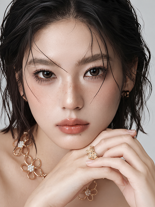 参考图片的高级时尚人像摄影风格，重新生成一位东亚女性的面部特写，湿发造型，发丝凌乱有层次感，皮肤呈现通透光泽质感，带有自然雀斑，精致的清透妆容，根根分明的睫毛，饱满的玻璃唇，双手交叠托在下巴处，佩戴金色花朵造型项链和金色纹理戒指，浅灰色纯色背景，柔和影棚打光，高清皮肤纹理，杂志大片质感，专业人像摄影，85mm镜头，f/1.8光圈，极致细节