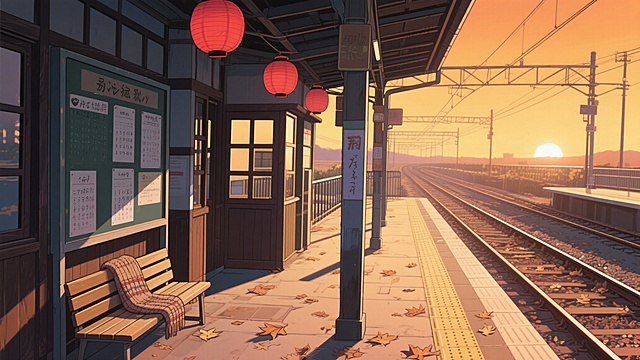 二次元，车站，细节丰富，暖黄色，氛围回忆，生成2张，不要人，4k