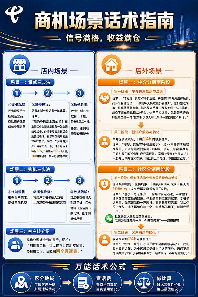 将右上角的白色中国电信牛头标移动到左上角位置，右上角的Logo移除。主标题"商机场景话术指南"整体居中或微调位置以适配左上角Logo，保持标题的视觉平衡。其余所有内容、文案、配色、布局均保持原样不动。