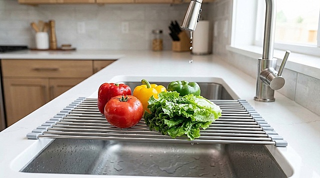 以不锈钢可折叠沥水架为主体，物体主体特征不变，架在厨房水槽上方，上面摆放着洗好的番茄、生菜、彩椒等新鲜蔬菜水果，背景是干净整洁的现代风格厨房，光线明亮自然
