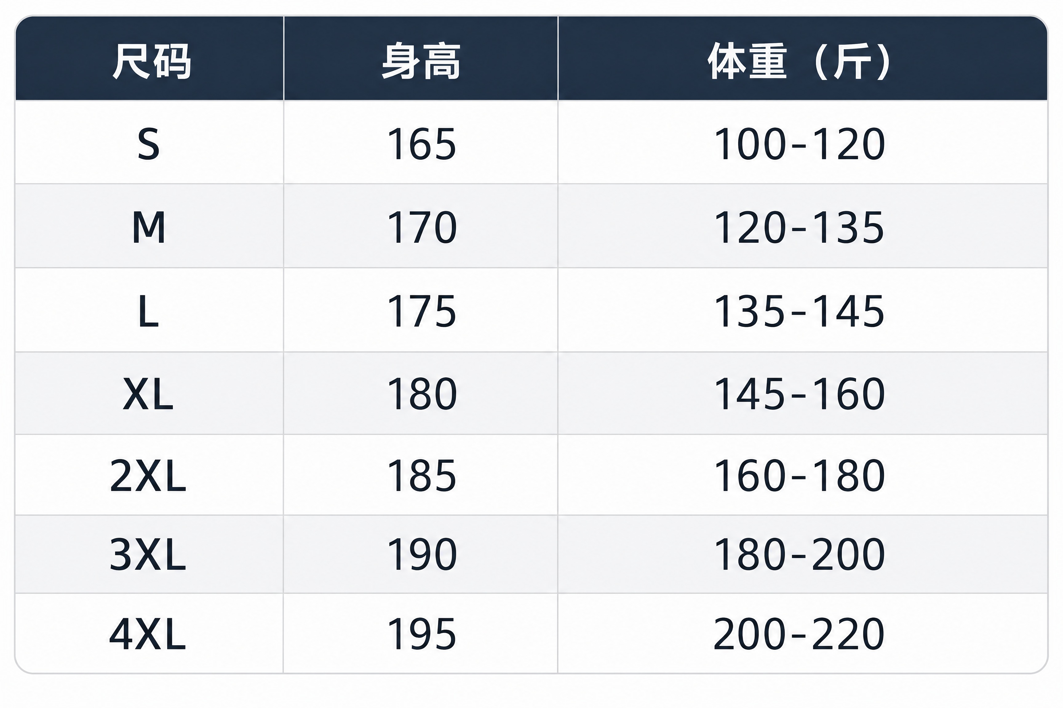 基于参考图中的尺码表数据，重新设计一个简约商务风格的尺码表贴片… - 图片创意预览