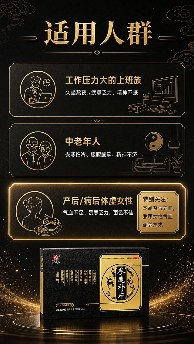 [商品] 使用【图1】仁和参鹿补片黑色药盒；保留所有包装原貌；药盒置于画面底部中央，占画面约20%，正面展示。
[画面] 适应人群矩阵型，上中下三个人群卡片纵向排列，每张卡片配简约线性图标和场景元素；顶部职场人群卡配办公桌面/电脑简约图标，中部中老年人群卡配居家生活/太极图标，底部女性人群卡配女性剪影/滋补汤品图标，并用金色边框特别标注"差异化优势"；卡片间用细金线分隔，整体信息密度适中，阅读清晰，风格庄重克制。
[视觉] 套系策略：风格=黑金高端国风国药商业摄影；标题字=厚重宋体鎏金效果；正文字=简洁黑体；主色=深邃炭黑；背景延展=基于炭黑做深浅渐变、暗纹祥云、金色粒子光效层级；强调色=鎏金色，仅用于标题、标签边框、图标、引线和光效；标题色=鎏金色带金属光泽；正文色=米白色；组件=金色描边圆角信息卡、细金线引线、中式纹样装饰、简约线性图标；光影=均匀柔光，卡片有轻微悬浮感。
[文字] 顶部大标题"适用人群"鎏金色；第一张卡标题"工作压力大的上班族"，症状点"久坐熬夜、疲惫乏力、精神不振"；第二张卡标题"中老年人"，症状点"畏寒怕冷、腰膝酸软、精神不济"；第三张卡金色边框加粗，标题"产后/病后体虚女性"，症状点"气血不足、畏寒乏力、面色不佳"，右侧金色标签"特别关注：本品益气养血，兼顾女性气血调养需求"；所有文字横排，表述客观中性。
[规格] 图片比例9:16竖版，4K高清，避免变形、错字、文字过小、产品颜色改变、包装文字错乱、绝对化用语、夸大宣传。