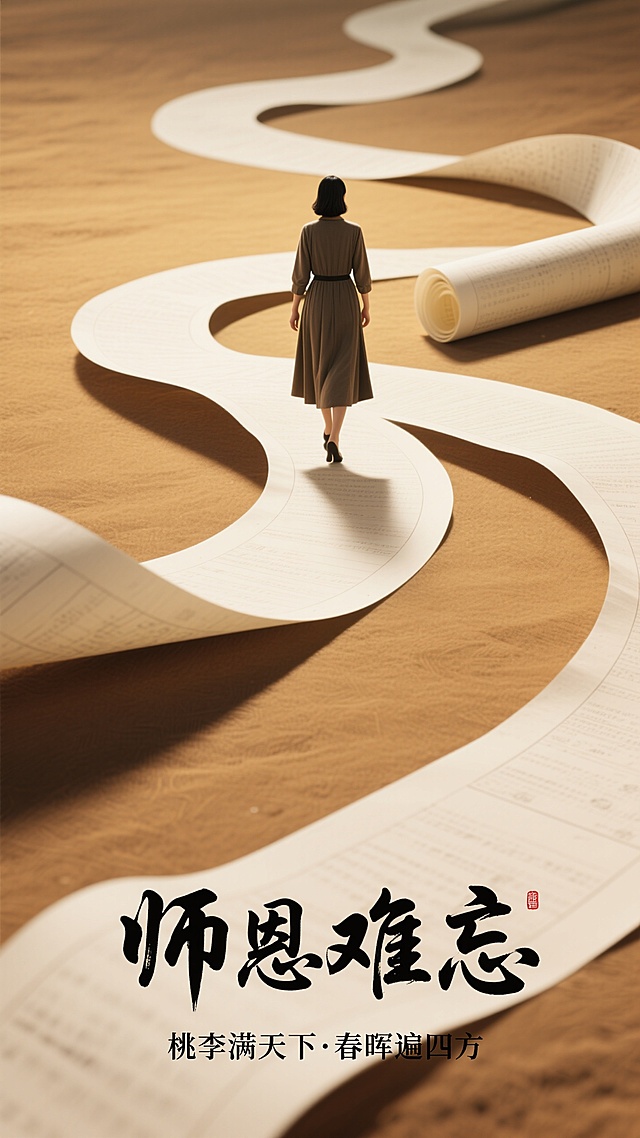 试卷卷曲成蜿蜒纸路，女教师独行纸路中心（背影 ），复古棕黄 + 米白报纸色调；最下方黑色雄浑书法大字“师恩难忘”，黑色小字“桃李满天下・春晖遍四方”