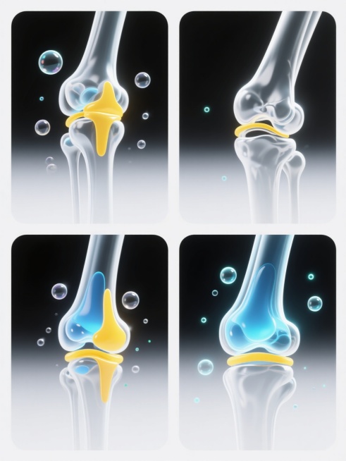四个不同造型的膝盖骨骼医学插画，采用超精细3D渲染风格，光滑半透明骨骼材质，关节处有黄色高亮区域和蓝色液体效果，周围点缀悬浮的透明气泡和发光粒子，统一白色纯色背景，每个膝盖元素保持相同的光影质感和医疗解剖学精准度，呈规整网格排布的系列素材集合预览效果