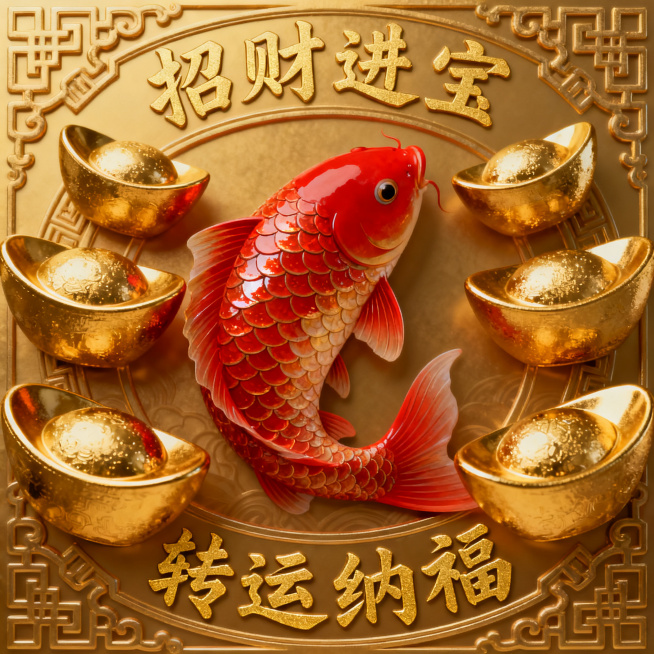一张寓意招财转运的微信头像，画面中有金元宝、锦鲤和开运文字元素，整体风格喜庆吉祥，暖金色调，精致国风设计。预览效果