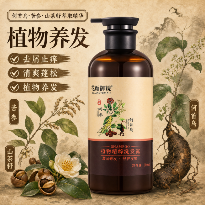 「图片1」，生成电商主图（10张），商品名称是植物精粹洗发露，卖点是内含何首乌、苦参、山茶籽萃取精华，去屑止痒，清爽蓬松，适配拼多多平台，主图比例为1:1像素要求1440*1440，以棕色背景为主，要预览效果