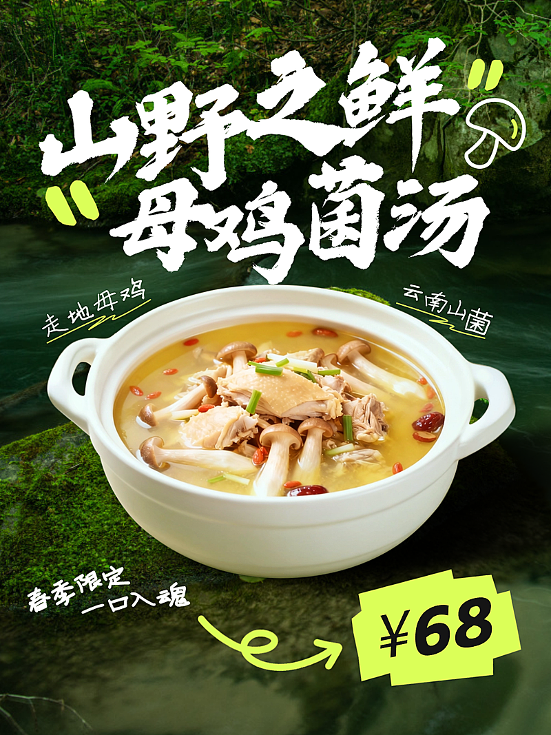 春季山野美食菌汤菜品营销朋友圈海报