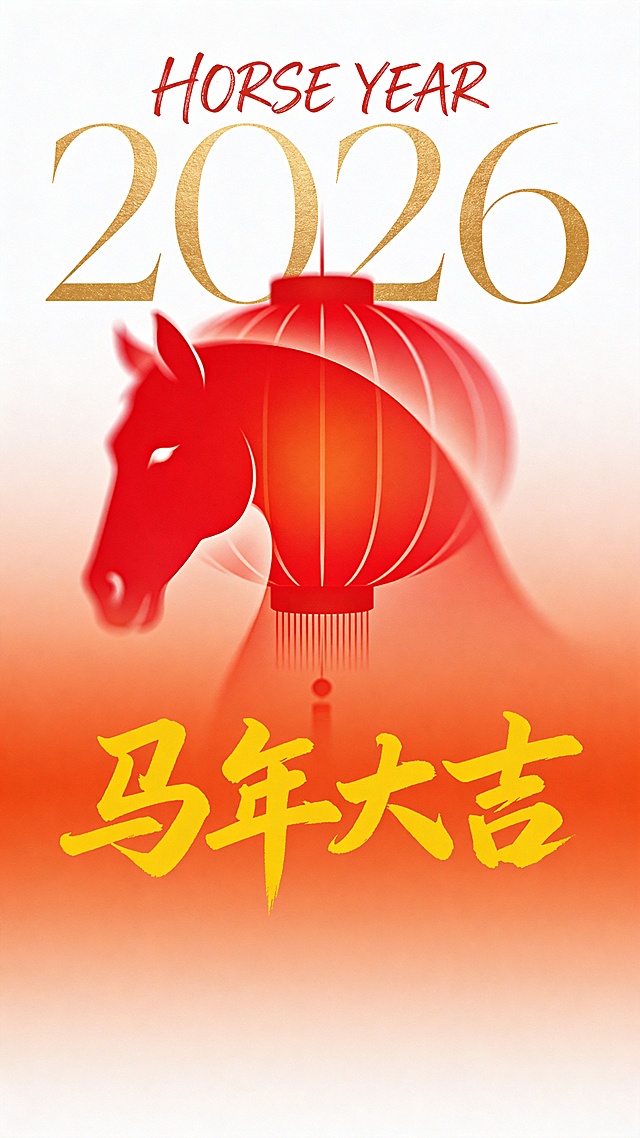 流线体形态的抽象马头轮廓，模糊的红色灯笼，红橙渐变背景，大面积留白，极简主义构图，细腻光影过渡，高清质感，氛围沉静深远，意识流表现手法。顶部手写文字‘HORSE YEAR’，金色鎏金风格的数字‘2026’，底部手写黄色字 “马年大吉“