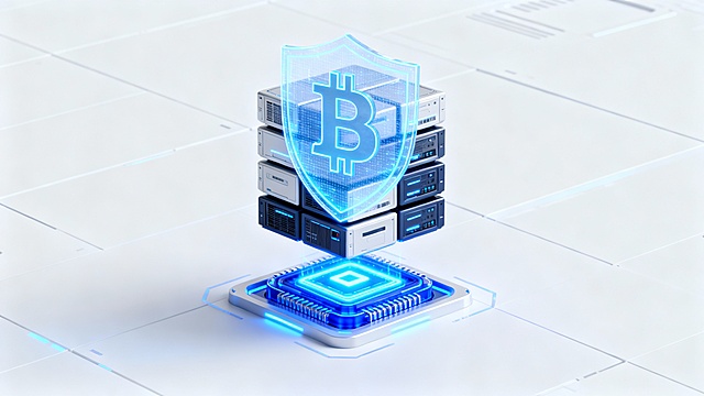 Futuristic cryptocurrency security system, floating modular server blocks stacked vertically, glowing blue blockchain core beneath, holographic bitcoin shield above, clean white tech environment, ultra-detailed 3D render, soft blue neon lights, no text, 16:9