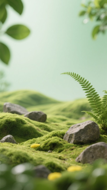 明亮柔和的浅绿色渐变背景，前景是郁郁葱葱的绿色苔藓覆盖的起伏地形，点缀着几块形态自然的灰褐色石头，右侧有一株羽状复叶的绿色蕨类植物优雅伸展，左侧和下方有虚化的绿色叶片形成自然边框，营造出清新、宁静、充满生机的自然氛围，整体画面光线柔和，光影过渡自然，色彩以不同层次的绿色为主调，搭配石头的灰褐色和隐约可见的柠檬黄，构图采用近实远虚的景深效果，具有高度的自然质感和细腻的细节表现。预览效果