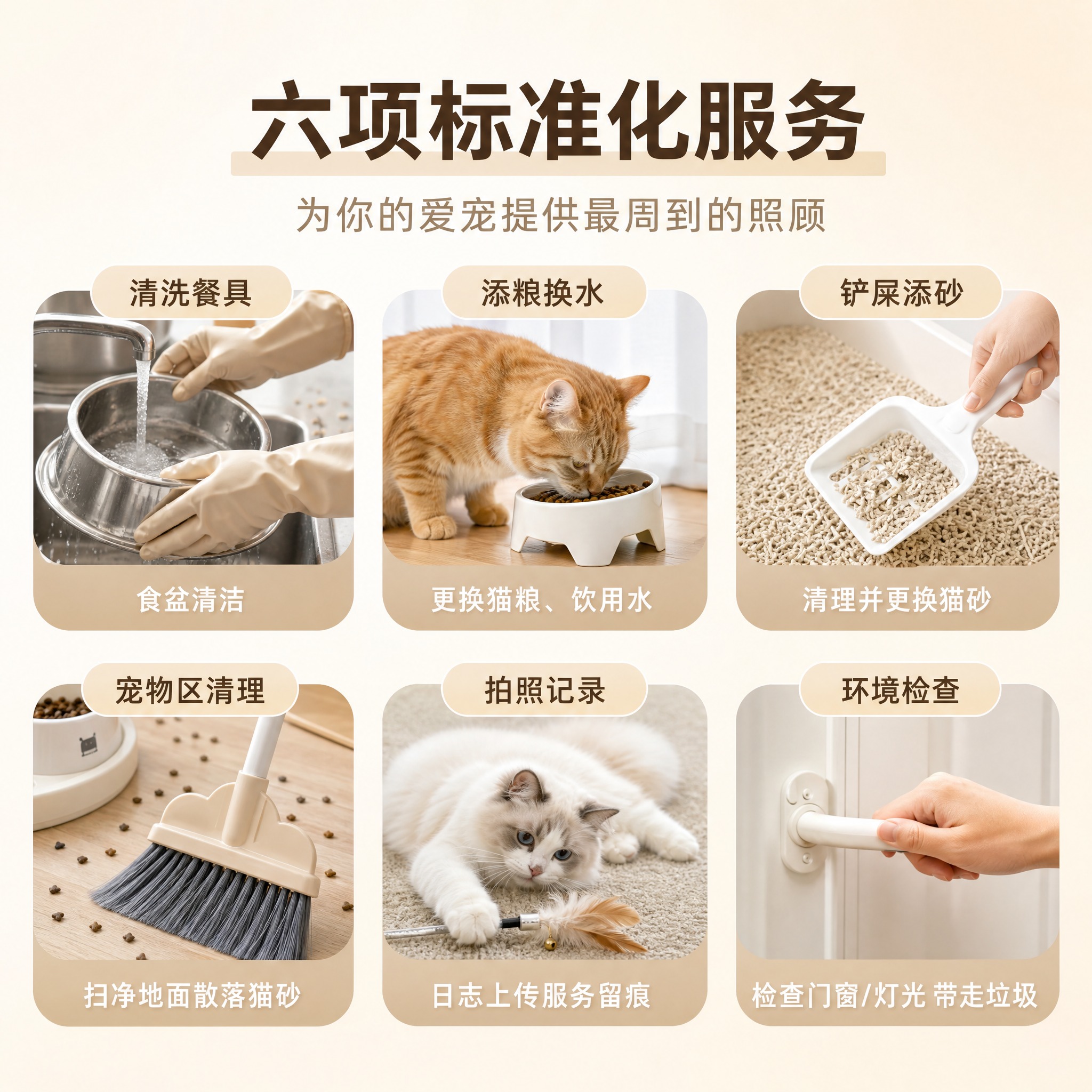 淘宝天猫电商主图，宠物上门喂养服务六项标准化服务信息图，1:1… - 图片创意预览