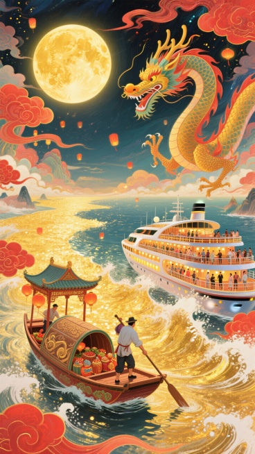 整体红金色调，热闹氛围。画面含金黄圆月，一只唐代小船（船身绘云纹，满载节日物资，唐代船工挥汗）和一艘现代豪华邮轮（甲板有中秋赏月人群、邮轮灯光璀璨），一道洒金的浪花阻隔在中间，背景是同一片金色的海，水预览效果