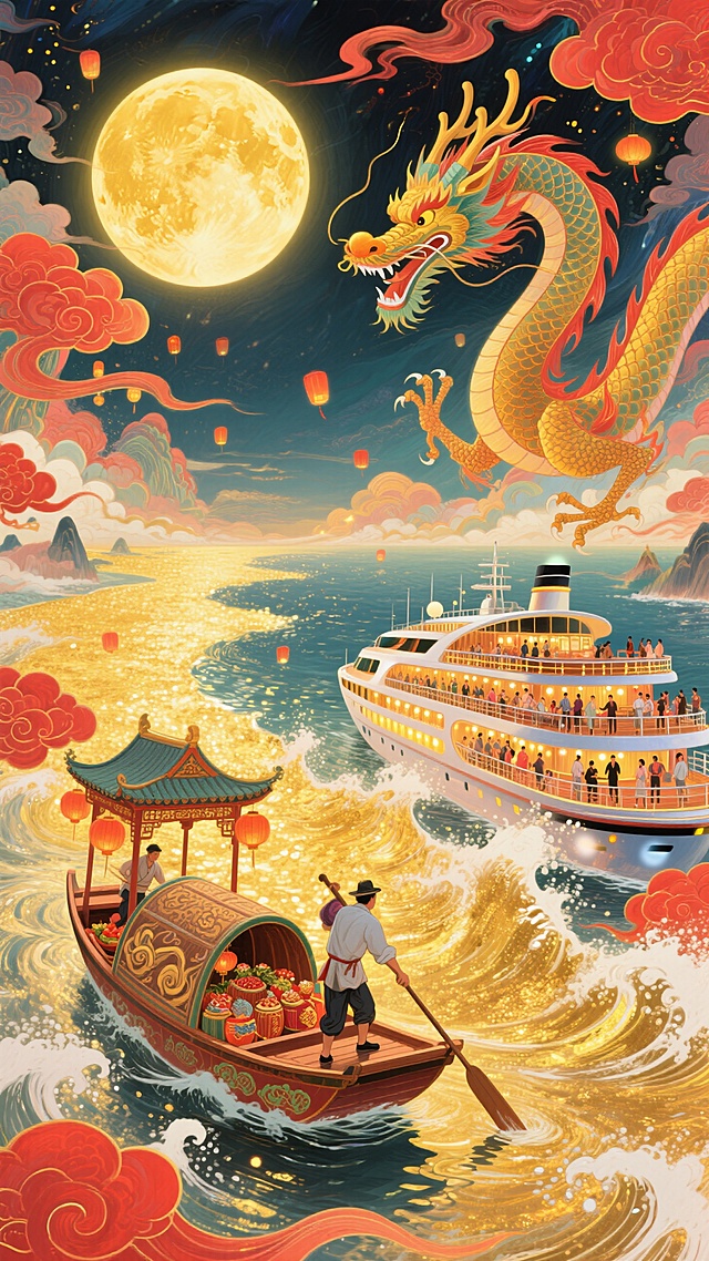 整体红金色调，热闹氛围。画面含金黄圆月，一只唐代小船（船身绘云纹，满载节日物资，唐代船工挥汗）和一艘现代豪华邮轮（甲板有中秋赏月人群、邮轮灯光璀璨），一道洒金的浪花阻隔在中间，背景是同一片金色的海，水面波光映照着月光与邮轮霓虹，祥龙飞过天际。整体画面充斥着华丽的金色和喜庆的红色，奇幻色彩和光影变化，具有丰富的层次感和立体感，体现繁荣昌盛喜庆氛围，梦幻的大透视