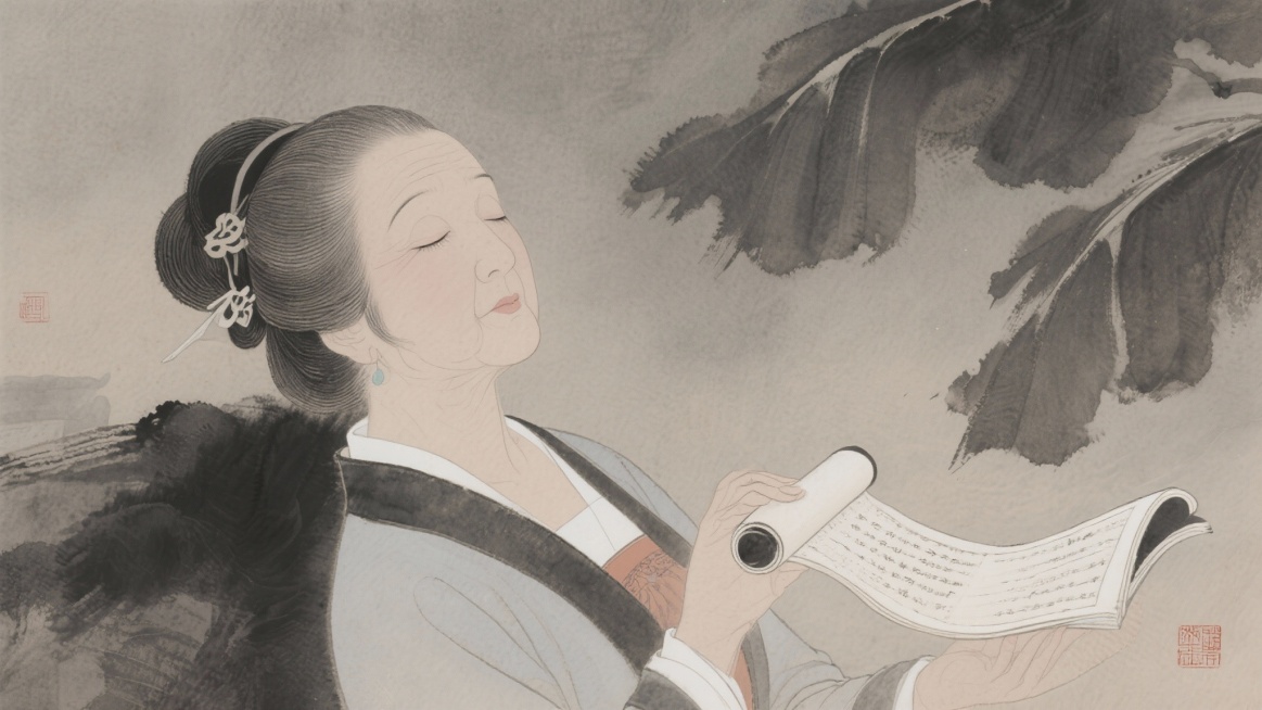 晚年薛涛安详闭上双眼，手中握着书卷滑落预览效果