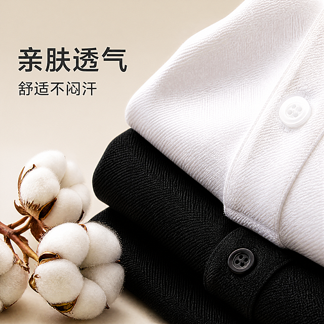 [主图-5] 面料卖点展示主图，突出亲肤透气特点。
[氛围风格] 简约质感，突出面料优势；
[画质] 高清细节摄影，纹理清晰。
[元素] 展示Polo衫面料局部特写，呈现面料肌理，保持面料质感与原图一致，纹理清晰，能看出亲肤质感。旁边搭配一小束棉花呼应亲肤卖点，背景简洁。
[光影] 柔和光线打亮面料纹理，层次清晰。
[配色] 面料本身颜色搭配浅米色背景，干净简约。
[视角构图] 特写构图，聚焦面料纹理。
[文字版式] 左侧分两行写卖点：大字"亲肤透气"加粗，小字"舒适不闷汗"，深色字清晰易读，不遮挡面料主体。
[比例分辨率] 1:1比例，4K分辨率，细节清晰。
[负向提示词] 纹理模糊，变形，文案遮挡主体。