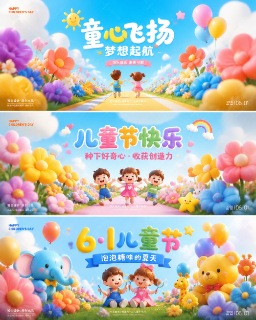 参考图片的3D膨胀毛绒风格，生成一套六一儿童节主题的三栏横幅，包含彩色花朵和小朋友元素，整体风格明亮可爱卡通，保留横版三栏构图预览效果