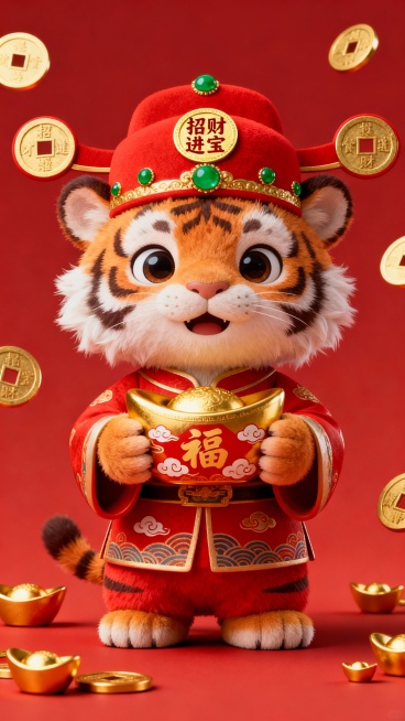 一个穿着传统红色财神爷服装的可爱[其他动物，例如：小老虎/小兔子/小熊猫]，头戴镶有绿色宝石和金色“招财进宝”字样圆形装饰的红色帽子，双手捧着一个带有“福”字和祥云图案的金色元宝，整体呈现精致的3D立体效果，毛发质感柔软蓬松，眼睛大而有神，表情喜庆祥和，背景为纯红色，周围散落着多个金色的圆形方孔铜钱和小金元宝，营造出浓厚的春节喜庆氛围，光影明亮柔和，色彩对比鲜明，主体突出，细节丰富。预览效果