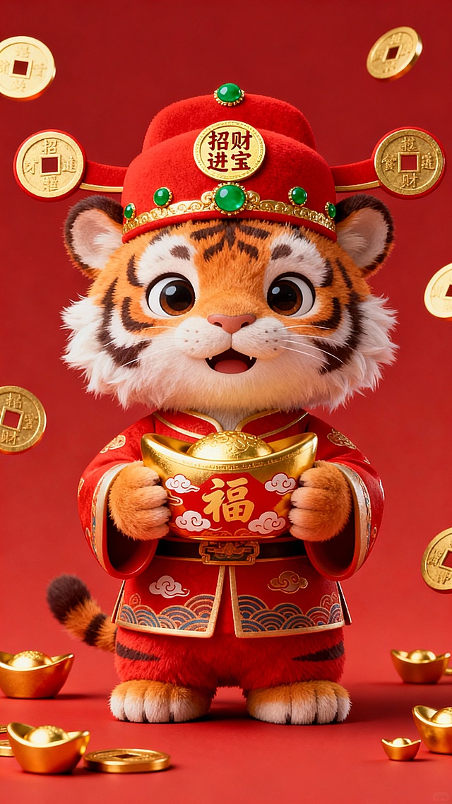 一个穿着传统红色财神爷服装的可爱[其他动物，例如：小老虎/小兔子/小熊猫]，头戴镶有绿色宝石和金色“招财进宝”字样圆形装饰的红色帽子，双手捧着一个带有“福”字和祥云图案的金色元宝，整体呈现精致的3D立体效果，毛发质感柔软蓬松，眼睛大而有神，表情喜庆祥和，背景为纯红色，周围散落着多个金色的圆形方孔铜钱和小金元宝，营造出浓厚的春节喜庆氛围，光影明亮柔和，色彩对比鲜明，主体突出，细节丰富。