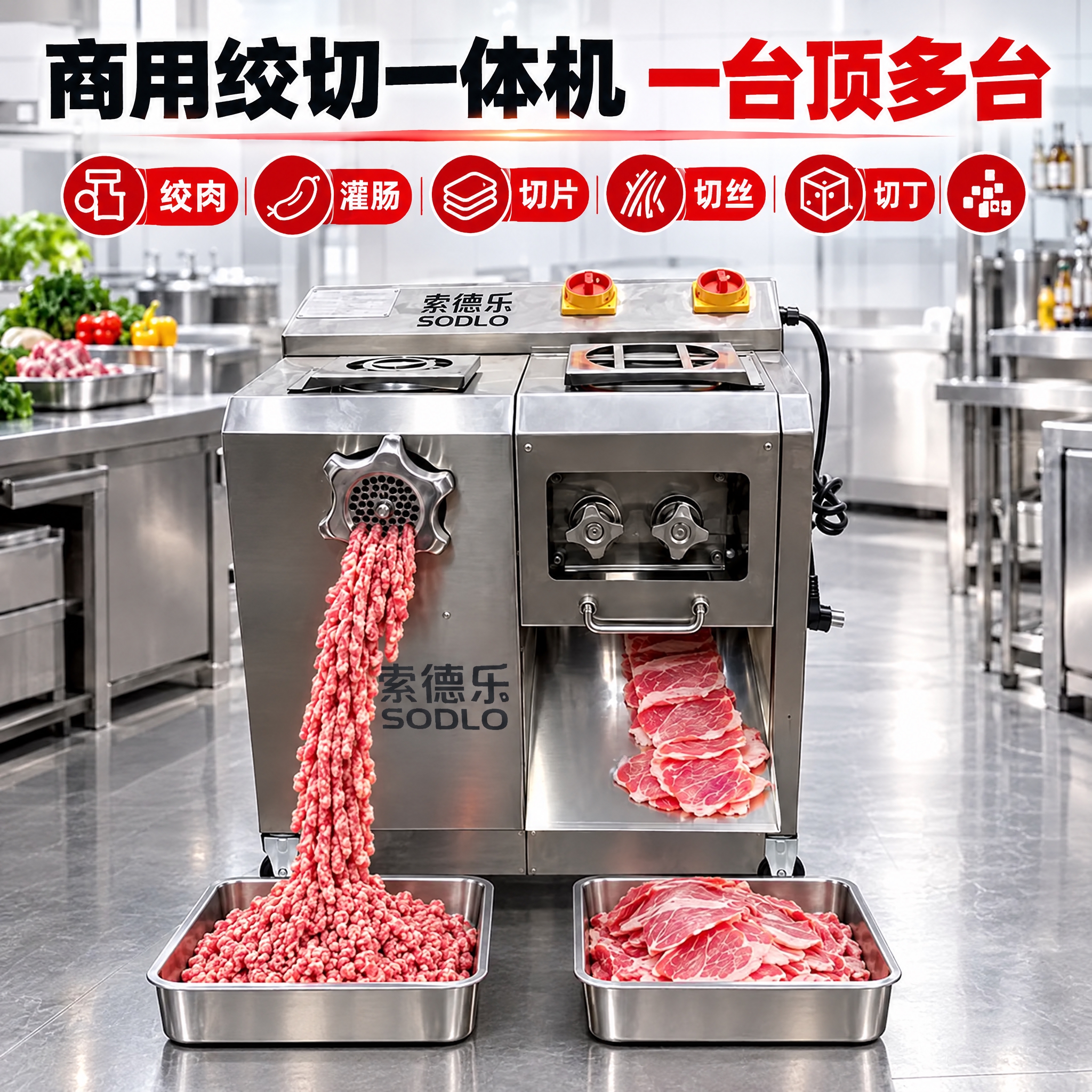 将图片中左侧小推车上的不锈钢肉馅托盘移到地面上，放在绞肉出口的… - 图片创意预览