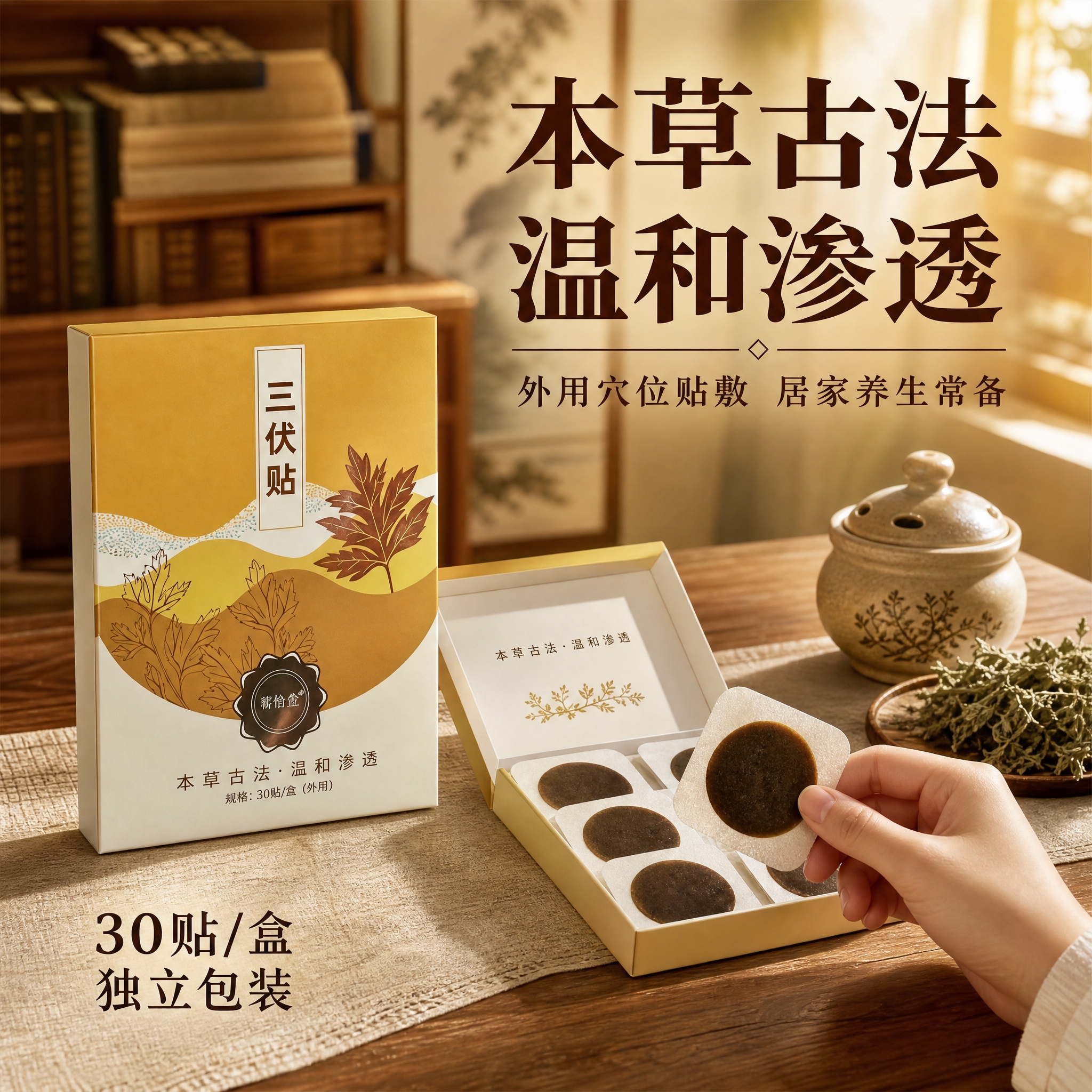 [主图-2] 居家养生使用场景主图，突出三伏贴的日常使用场景与… - 图片创意预览