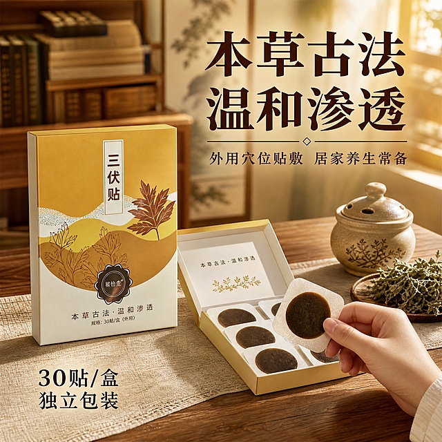 [主图-2] 居家养生使用场景主图，突出三伏贴的日常使用场景与温和渗透的使用体验，与主图1形成产地背书vs使用场景的差异化。
[统一基调] 国风草本调性，整体暖棕+米黄+艾草绿配色，主标题用深棕色粗宋体，辅助文字用深褐色细宋体，古典雅致，商业摄影质感，温馨居家养生氛围。
[画面] 产品包装盒放在画面左侧，占画面约40%，正面完整展示，盒身外观与原图完全一致。右侧展示居家养生场景：原木色中式小桌上，铺着米色棉麻桌布，产品盒立在左侧，旁边打开一盒三伏贴，露出几片黑褐色的药贴，药贴呈圆形、中间有药膏，整齐排列在白色衬纸上。桌角放着一个古朴的陶瓷艾灸罐和一小束干艾草。背景是虚化的中式书房一角，有木质书架和线装书，暖黄色灯光营造温馨养生氛围。画面右下角有一只女性的手（仅手部，不露脸）正拿起一片三伏贴，准备使用，体现真实使用感。
[光影质感] 暖黄色室内柔光，从右上方照射，产品盒表面有自然高光，底部有柔和接触阴影，木质桌面有纹理，药贴有真实药膏质感，整体温暖舒适，生活方式摄影质感，景深虚化背景突出产品和使用动作。
[配色] 主色暖棕、米黄、木色，点缀艾草绿色，整体温馨暖调，与主图1色调统一但场景完全不同。
[文字版式] 右上角主标题大字「本草古法 温和渗透」分两行，深棕色粗宋体；下方小字「外用穴位贴敷 居家养生常备」深褐色细宋体；左下角小字标注「30贴/盒 独立包装」。文字放在负空间，不遮挡产品主体和手部动作，字号层级分明。
[输出要求] 1:1正方形，文字清晰无错字，产品外观清晰不变形，手部自然真实无畸形，整体氛围温馨养生。负向：禁止变形、错字、模糊、杂乱、水印、平台Logo、悬浮感、产品颜色偏差、手部畸形、手指异常。