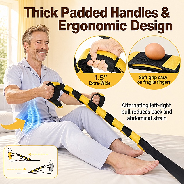 [主图-6] Bed Ladder Sit Up Assist Strap 加厚软握把人体工学设计卖点图。
[统一基调] 亚马逊跨境信息图风格，暖黄色+深棕色主色调，标题深棕色粗体无衬线字，辅助文字深灰色，强调色为暖黄色，圆角卡片样式，整体明亮温暖专业。
[画面] 对角线构图，产品从左下向右上延伸，一位50多岁欧美男性（金色短发、椭圆脸，与主图4为同一人）坐在床上，双手分别握住左右两侧的把手，展示交替式人体工学握法；人物腰部有淡蓝色脊柱骨骼高亮示意，黄色大箭头指向腰部，体现减轻腰背压力；右上角有两个圆形放大特写框：左边特写展示手握住宽把手的细节，标注1.5英寸宽度；右边特写展示一个鸡蛋放在把手表面不滑落，体现柔软度；左下角有一个小插图展示双手交替拉动的动作示意。
[光影质感] 卧室窗边柔和自然光，暖色调，产品织带和把手质感真实，人物光影自然。
[配色] 暖米色背景+深棕标题+暖黄强调+蓝色高亮+产品黑黄本色，整体暖色调统一。
[文字版式] 顶部大标题深棕色粗体："Thick Padded Handles & Ergonomic Design"；圆形特写框内文字："1.5\" Extra-Wide"、"Soft grip easy on fragile fingers"；右下角深灰色文字："Alternating left-right pull reduces back and abdominal strain"；文字放在负空间，不遮挡产品主体。
[输出要求] 1:1正方形比例，文字清晰可读，产品清晰，人物自然；负向：变形、错字、模糊、杂乱、水印、中文、多余手指、面部扭曲。