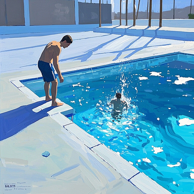 水彩插画风，清新泳池场景，人物互动生动，夏日清爽感十足。
