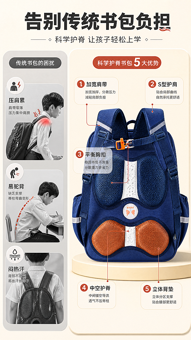 [商品] 使用【图3】宝蓝色小学生书包背面；保留加宽肩带、S型肩带、平衡胸扣、中空无压护脊、立体背垫等全部护脊结构细节；增强背垫透气网布纹理、胸扣五金质感。
[画面] 痛点与解决对比页，目标突出传统书包痛点与护脊书包的解决方案。左右分栏构图，左侧灰色调表现传统书包的问题（压肩、驼背、闷热），右侧暖色调展示护脊书包的5大优势，产品背面占右侧画面60%。
[视觉] 套系策略：风格=清新学院风商业摄影；标题字=粗黑体+衬线点缀；正文字=简洁无衬线黑体；主色=藏青蓝+暖米杏；背景延展=基于暖米杏做深浅层级、同色渐变和细腻哑光质感；强调色=砖红色，仅用于小面积标签、图标和引线；标题色=深炭灰；正文色=中暖灰；组件=圆角信息卡、胶囊标签、细线引线；光影=左前侧暖柔光，柔和阴影。
[文字] 顶部大标题「告别传统书包负担」，副标题「科学护脊 让孩子轻松上学」，左侧3个痛点图标配短文案（压肩累/易驼背/闷热汗），右侧5个卖点编号配短说明（加宽肩带/S型护肩/平衡胸扣/中空护脊/立体背垫），文字不遮挡核心结构。
[规格] 图片比例9:16竖版，4K分辨率，避免变形、错字、文字过小、冷蓝背景、书包颜色改变、版型失真、极限词。