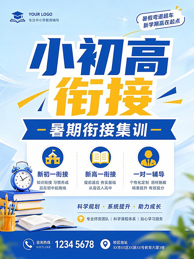 教育招生海报，主标题"小初高衔接"，副标题"暑期衔接集训"，卖点：新初一衔接，新高一衔接，一对一辅导，风格简约清新，蓝黄配色，画面清晰，主标题大字突出，居中构图，整体专业，符合3:4比例，文案清晰可读，版式精美