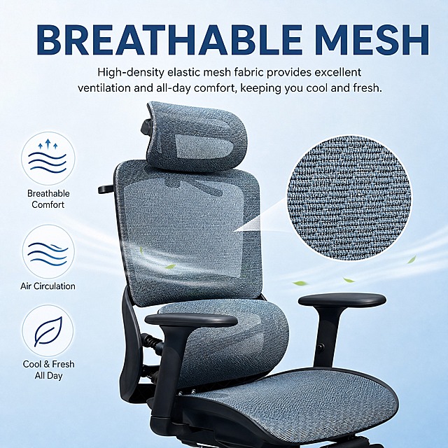 Breathable mesh office chair feature introduction image, 1:1 square ratio, modern minimalist style, soft blue gradient background, the ergonomic mesh office chair from the reference image in center position, close-up highlight on the mesh backrest material, English text "BREATHABLE MESH" as main title, subtitle "High-density elastic mesh fabric provides excellent ventilation and all-day comfort, keeping you cool and fresh.", floating small icons showing air circulation, professional product photography, clean commercial aesthetic