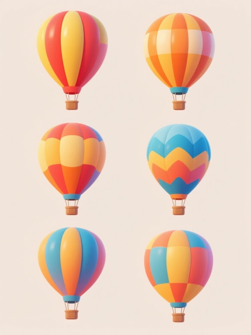 6个不同样式、不同配色的热气球元素，每个热气球都具有鲜明的色彩渐变和几何图案设计，包含红色、黄色、橙色、蓝色等多种鲜艳色彩，采用平滑的数字绘画质感，光源来自上方形成柔和的高光和阴影，气球下方连接着小型吊篮，整体呈现出简洁明快的卡通风格。所有热气球以上下两行三列的方式整齐排列，背景为浅色，营造出轻松愉悦的氛围，视觉层次清晰，元素之间间距均匀，构图平衡。预览效果