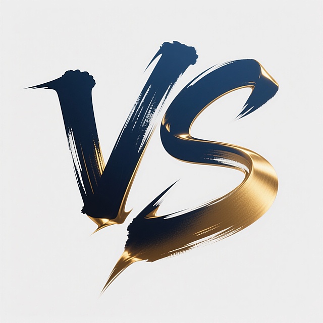 一个艺术化的“VS”标志，采用深蓝与亮金渐变配色，保留原始书法笔触的动态感和锐利边缘，笔画末端带有金色光晕效果，整体呈现出金属质感与水墨交融的视觉风格，白色背景，字体设计融合力量感与流动感，适合竞技、对抗类主题的现代标志设计。