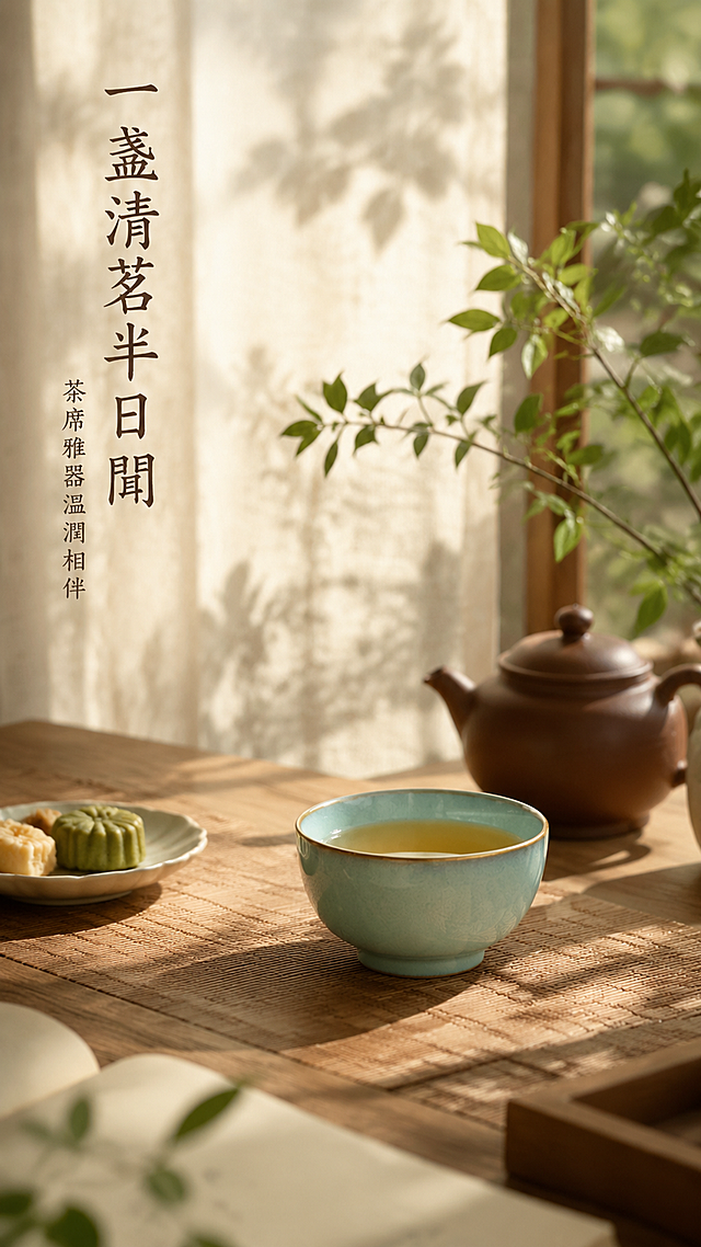 汝窑天蓝釉压手杯茶席使用场景详情页，禅意东方风格。画面中央偏右摆放汝窑压手杯，杯中盛有浅金色茶汤，杯旁配一把紫砂壶、一小碟茶点、几枝绿叶植物。背景为原木茶桌与米白纱帘，午后阳光斜射，树影婆娑，营造静谧品茗氛围。左上角竖排文字一盏清茗半日闲，下方小字茶席雅器温润相伴。整体暖调光影，天青与米棕配色，9:16竖版，2K高清，生活美学质感。
