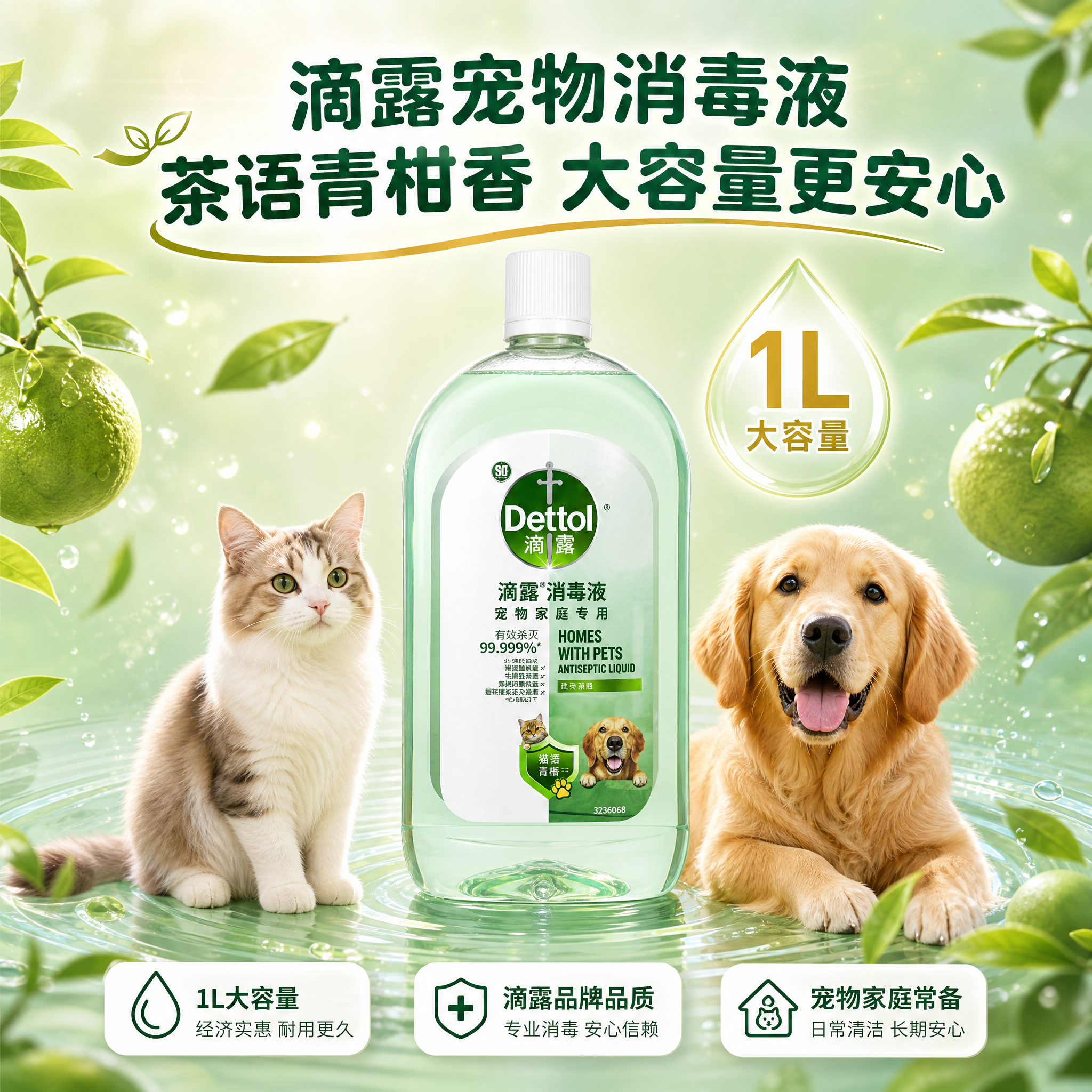 [主图-5] 滴露宠物消毒液品牌背书与大容量收口图，突出1L大… - 图片创意预览